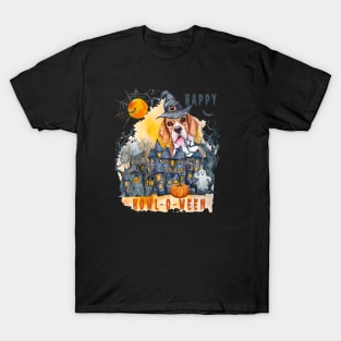 Beagle Happy Howl-o-ween Ghost Houses Funny Watercolor T-Shirt